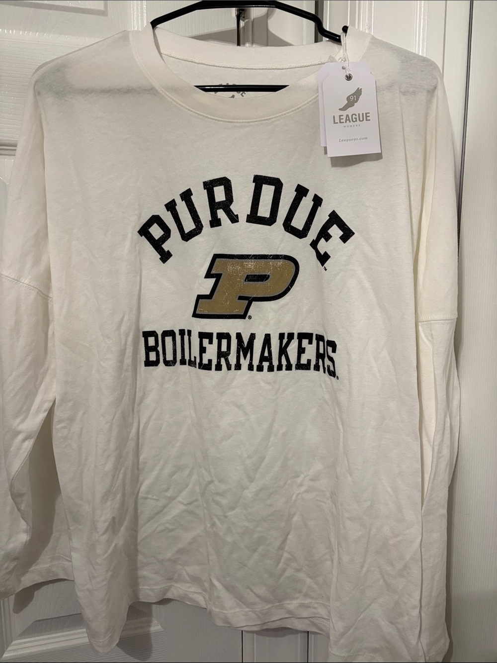 League White Purdue Boilermakers Long Sleeve Tee with Black and Gold Logo